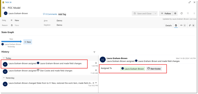 History of a work item showing the updates