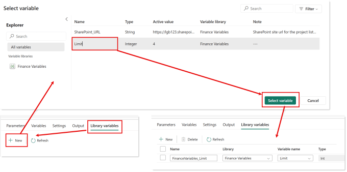 Screen shot showing the Library values section in the pipeline. The the steps to add a variable from a variable library to a data pipelines