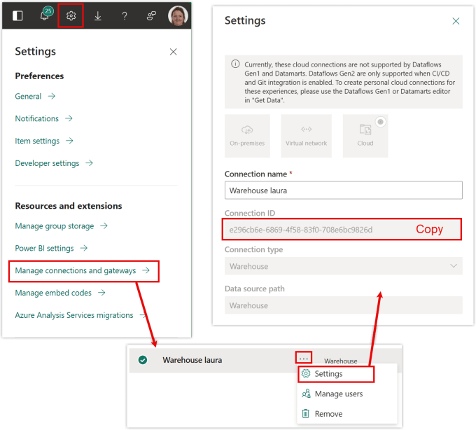 Screen shots of the steps to get a connection ID