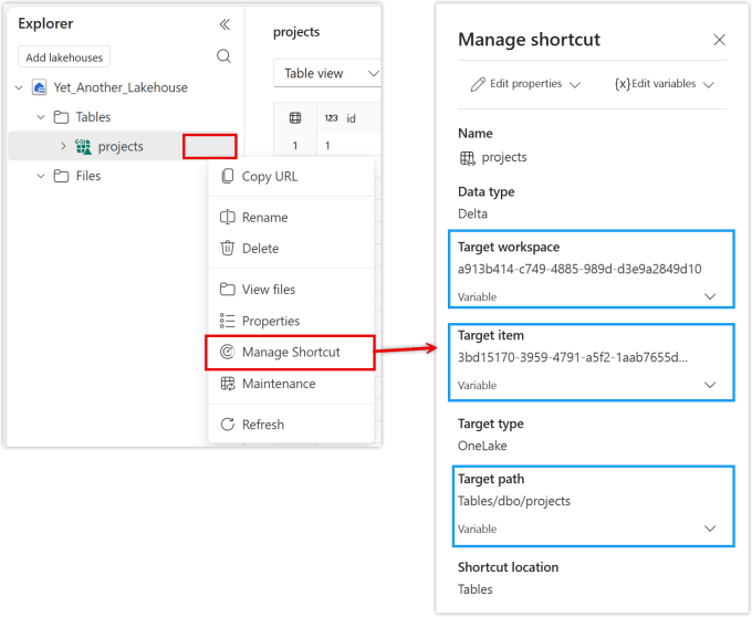 screenshot of the exploere and manage shortcut panes