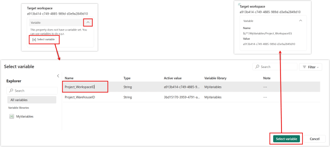 screenshots of clicking on select variable and selecting the right one