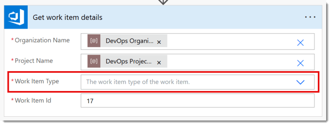 Get Work item details action showing the 4 required parameters with Work Item Type highlighted