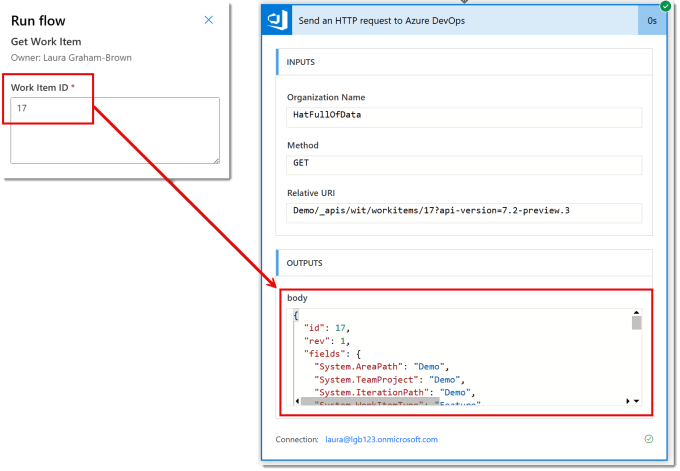 The Rn flow requesting Work Item ID and the result action showing the body contains a JSON statement