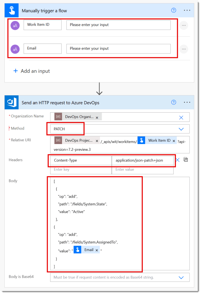 A flow with a Manual trigger showing 2 parameters Work Item ID and Email. An action of Send a HTTP request to Azure DevOps using a path method and updating the State and AssignedTo fields.