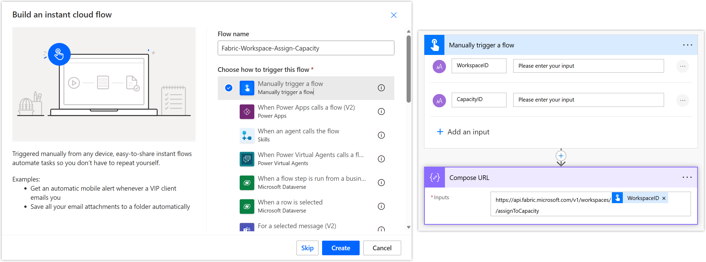 Screen grab of the create flow dialog and the flow with a trigger and compose as described in the above instructions