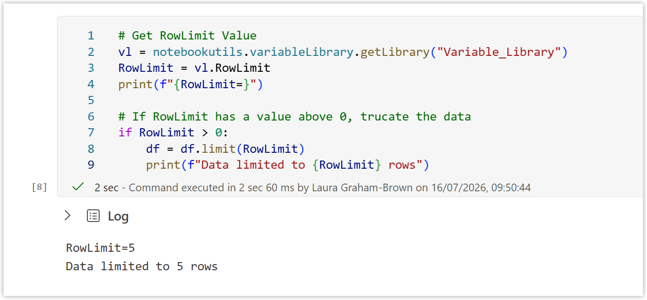 Code block followed by the output RowLimit=5 and Data limited to 5 Rows