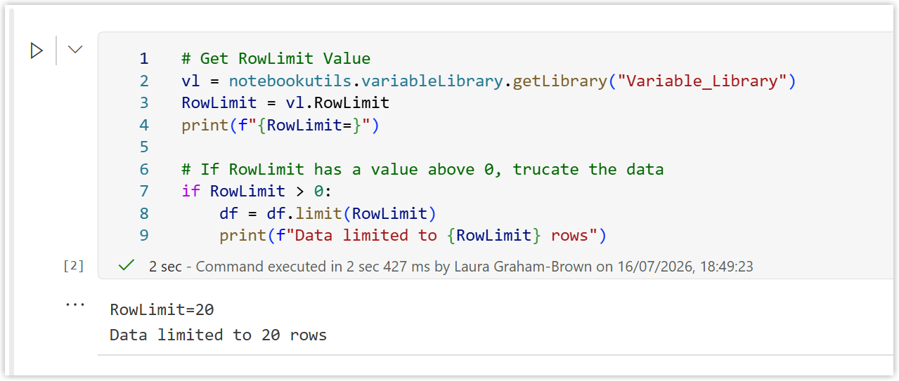 Picture of the code block with its output showing RowLimit=20 and Data limited to 20 Rows