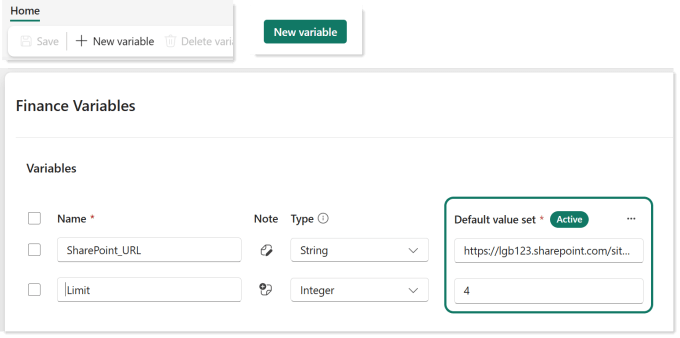 Screen shots of the new variable buttons and the columns Name, Note, Type and Default Value.