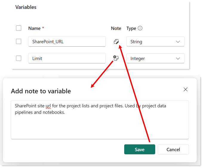screen grab showing the note button next to the variable name and the Add note to variable dialog box.