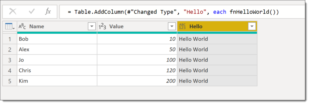 Data with Hello World column added