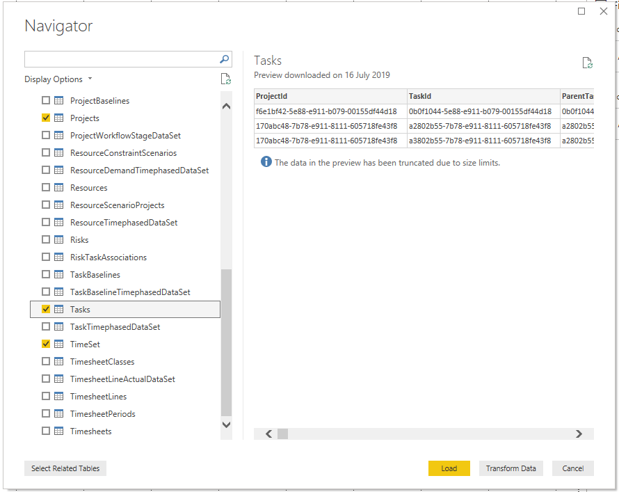 select tables for connecting to project