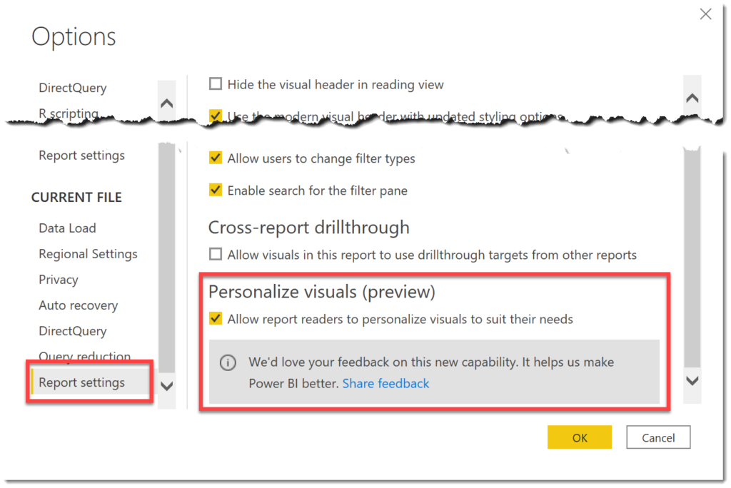 Report Settings allow personalize visuals on this report.