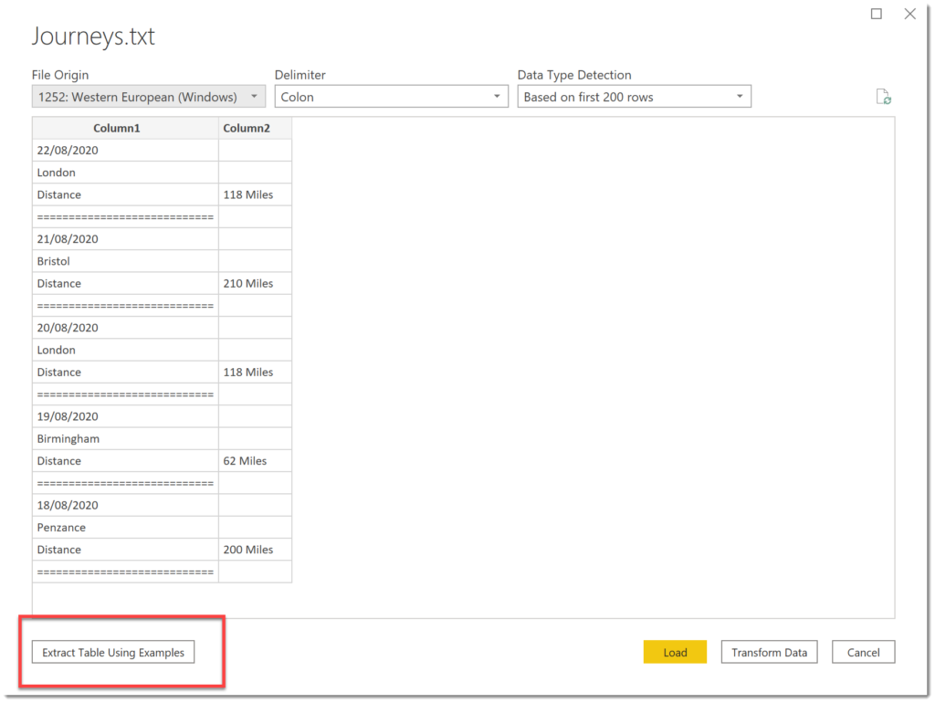 Showing Extract Table Using Examples button