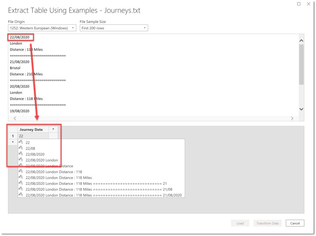 entering first column into import text file using example
