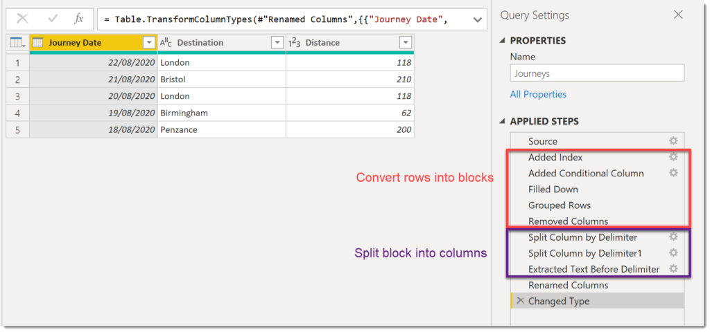 look at the power query created by import text by using examples