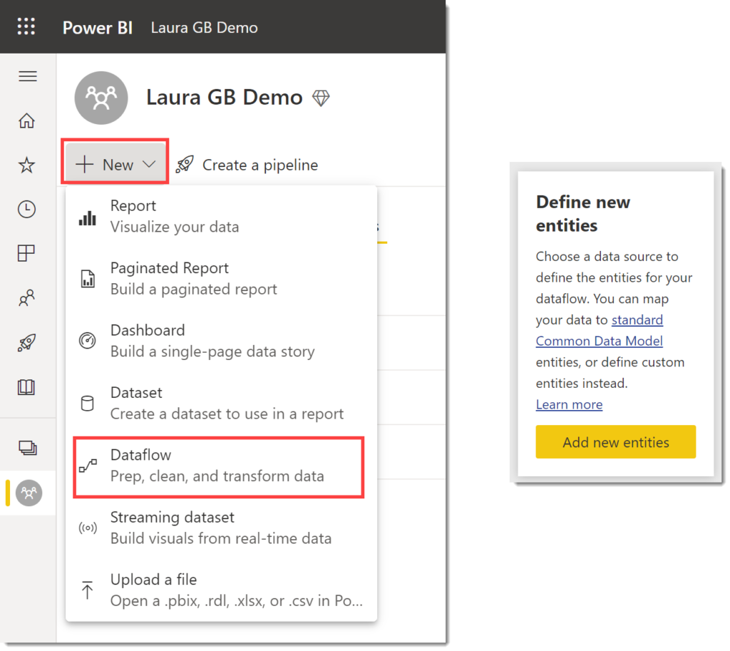 New dataflow menu and Add new entities