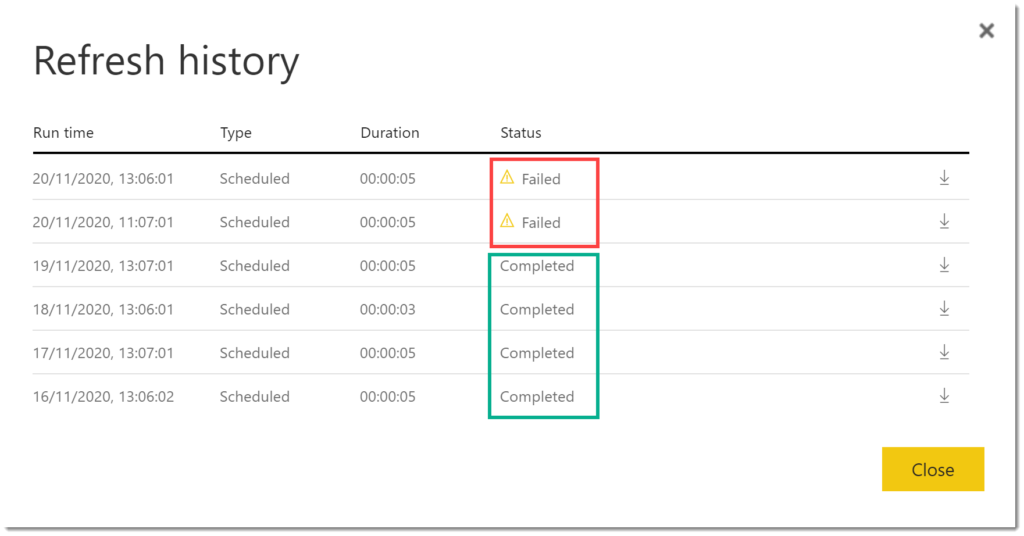 Refresh history dialog