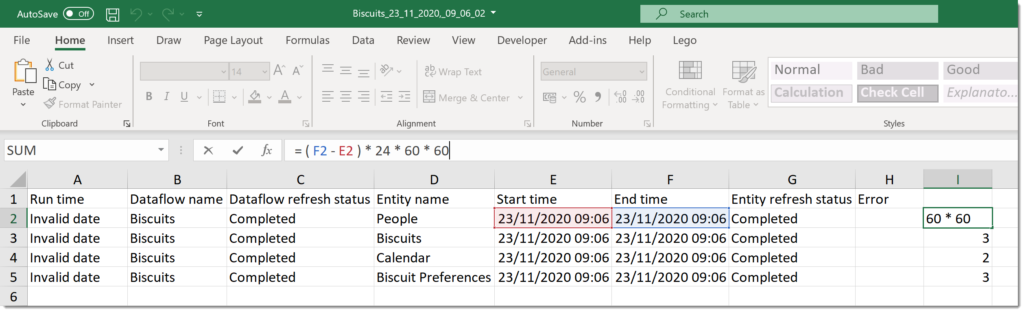 Excel with the csv file