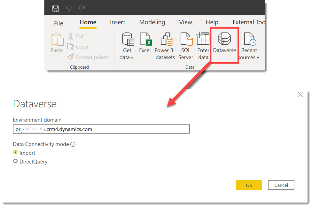 Dataverse icon on the Home ribbon and the dialog box to enter in the environment domain for connecting to dataverse.