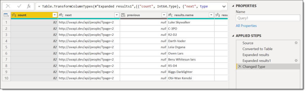 Table of 10 rows of data plus 5 query steps in Power Query