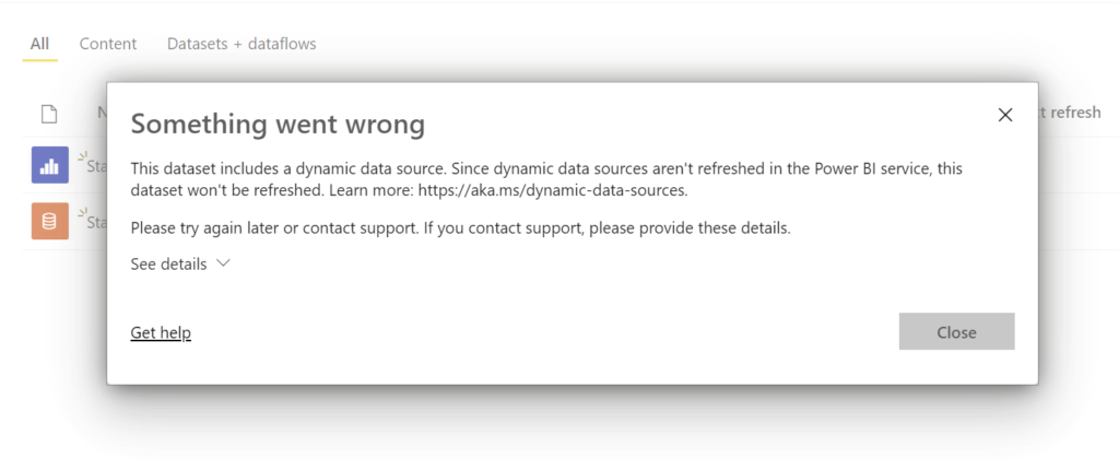 Screen grab of the Dynamic Data Source refresh error.