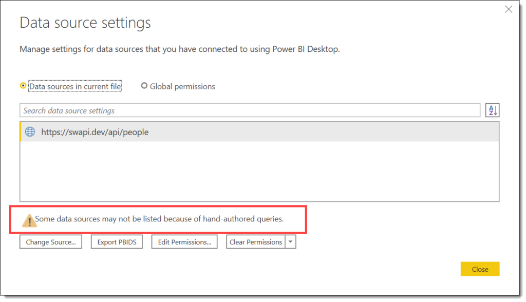 Data source settings dialog with message regarding hand-crafted queries which is how you identify Dynamic Data Sources exist apparently