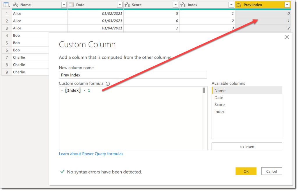 Custom Column dialog showing the calculation for Prev Index of Index -1