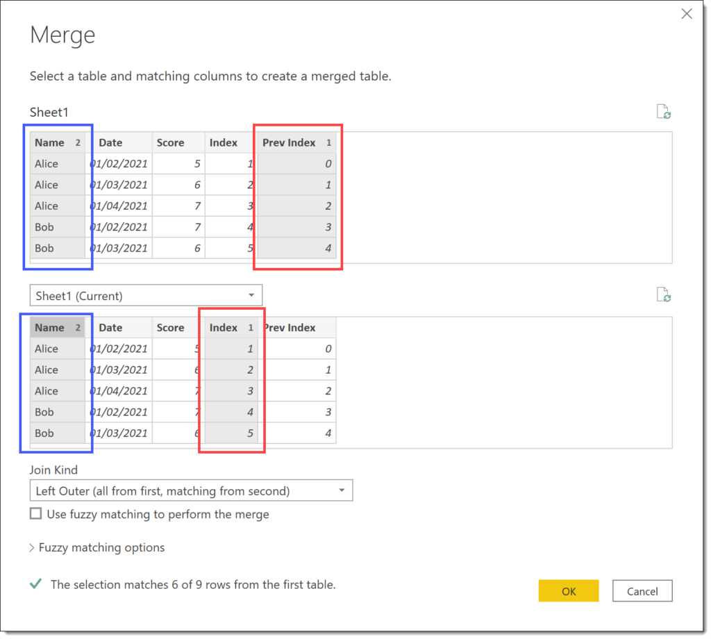 Merge dialog with columns selected for the merge