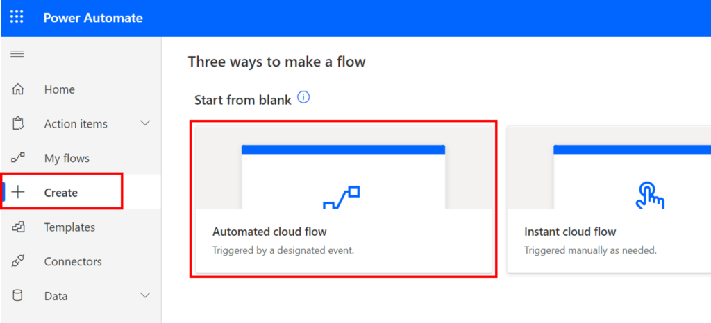 screen grab of Power Automate showing location of Create button and Automated cloud flow button