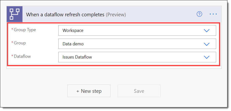 Trigger step showing values set for Group Type, Group and Dataflow