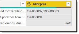 Allergens column showing numbers separated by commas