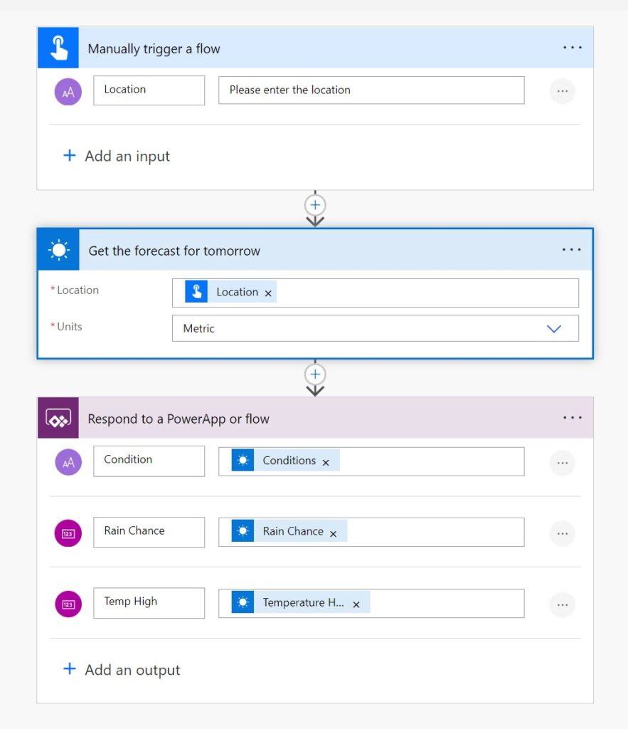 Child flow with showing Manual trigger, get weather action and Respond to Power App action