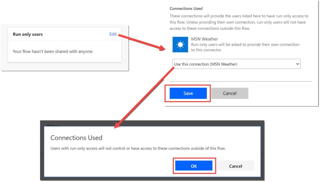 pictures showing the steps from run only users to connections used 