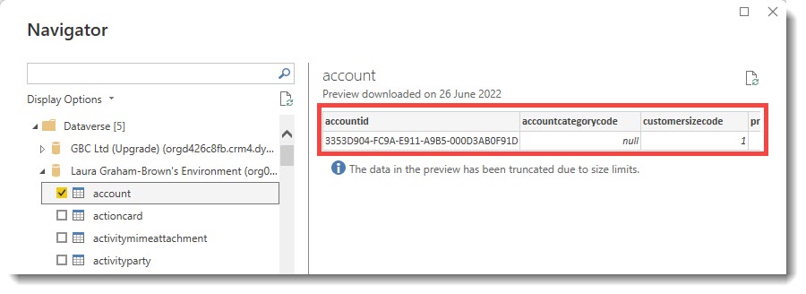 Dataverse connector navigator dialog