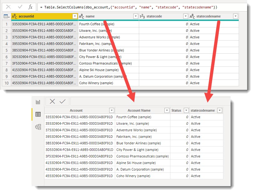 Table views from Power Query and Power BI desktop table view to show the change in names.