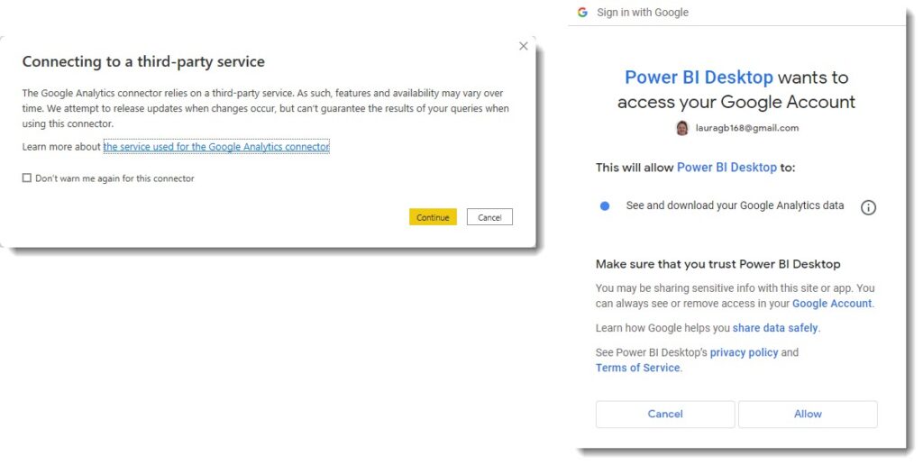 Warning messages for connecting Google Analytics to Power BI