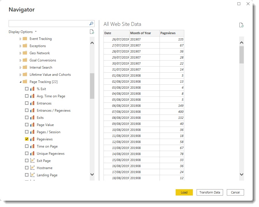 Navigator pane showing Pageviews ticked and some Google Analytics data