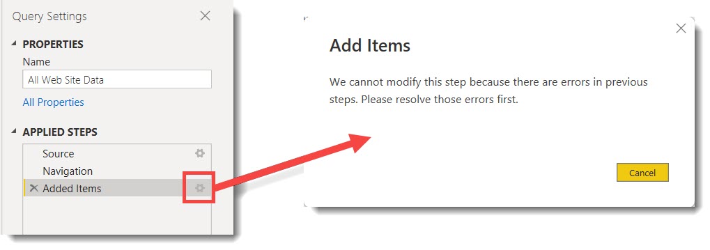 Picture of applied steps from Power Query and the error message "Add Items We cannot modify this step because there are errors in previous steps. Please resolve those errors first.