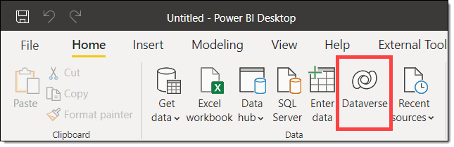 Dataverse button on the Home ribbon