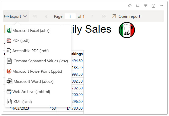 Showing the Export button options.