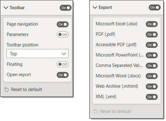 restrict options for the embedded paginated report