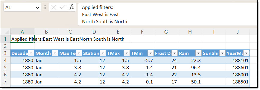 Screenshot from Excel showing the applied filter to the export data