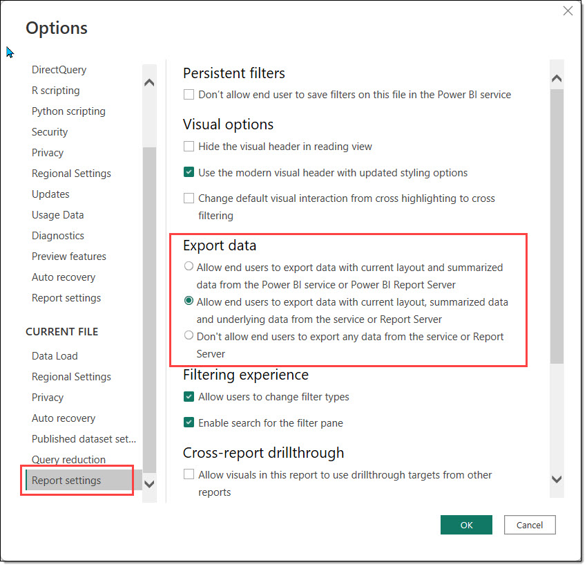 Report settings dialog for Export Data