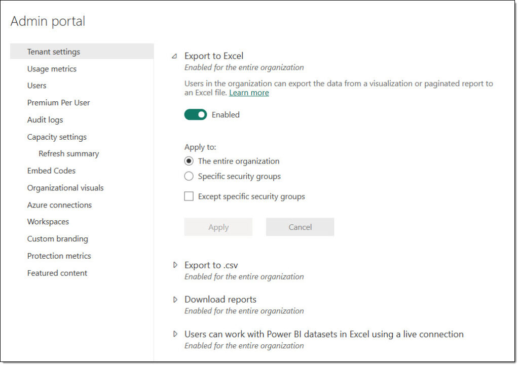 Admin options for Export Data