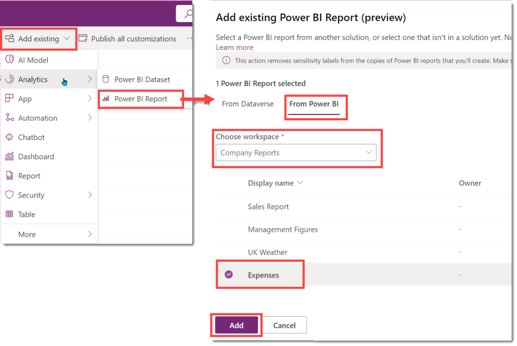 screen grabs showing the add existing drop down and the form that shows when you click Power BI