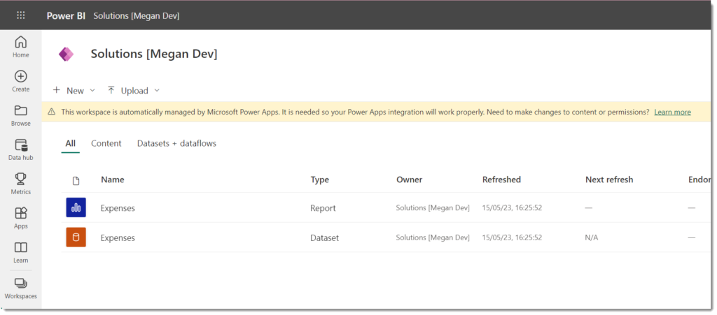 Screen grab of the new workspace that has a PowerApps icon as its icon.