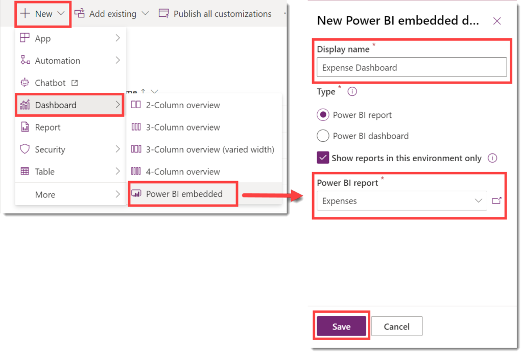 screen grabs showing the New drop down and the pane that appears when you select Power BI embedded to add a dashboard to the Power Platform Solution