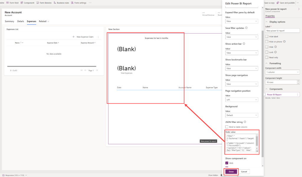 Screen grab showing the Edit Power BI report pane and the report filtered to no records showing Blank a few times.