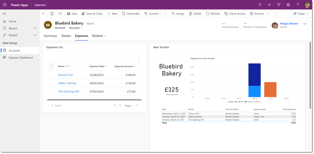 screen grab of the model driven app in the Power Platform solution showing the expenses tab and the embedded report.