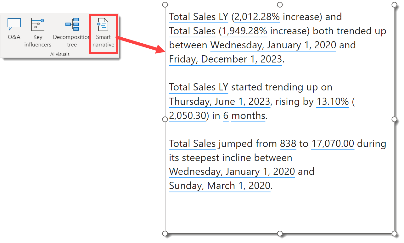 Screen shot of the insert ribbon highighting the smart narrative button and a screen shot of an example standard smart narrative